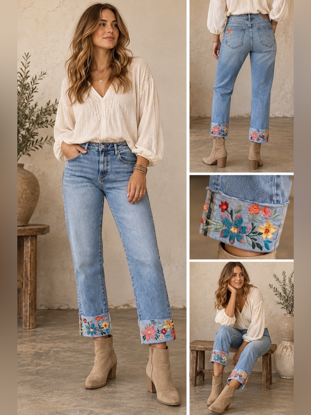 Driftwood Colette Floral Embroidered Cuff Straight Leg Jeans Sz 29 L25.5